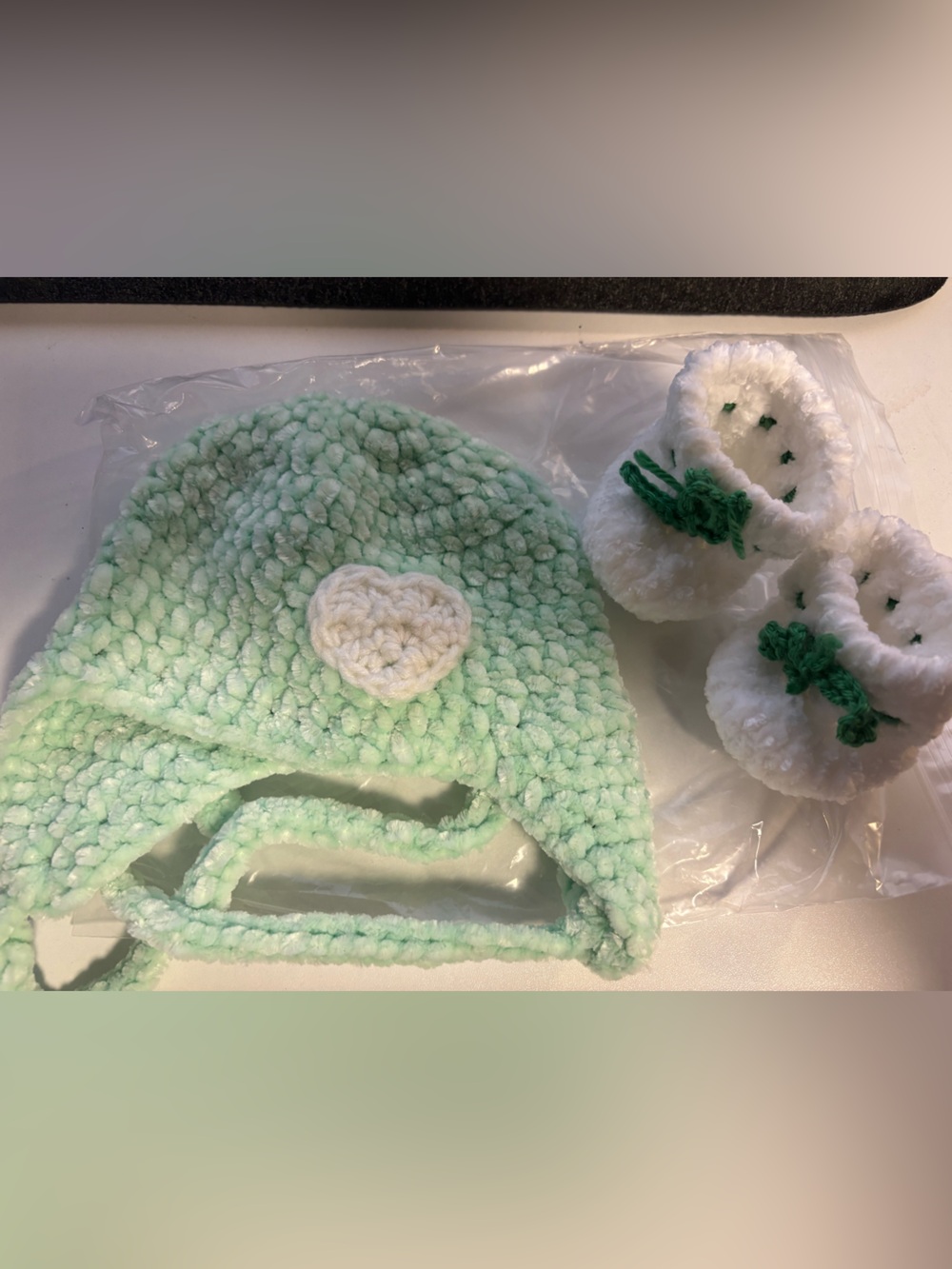 Handmade baby Mint Green Crochet Hat and White Booties Set